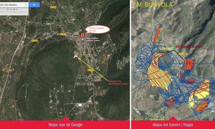 Imatge de l'esquerra facilitada per l'Amipa del centre bunyolí, amb la ubicació real de l'escola. A la dreta, mapa aportat per Medi Ambient i l'empresa de fumigació. El blau són les maniobres de l'avioneta i en vermell la zona on va llençar el producte de fumigació.  Diari de Balears